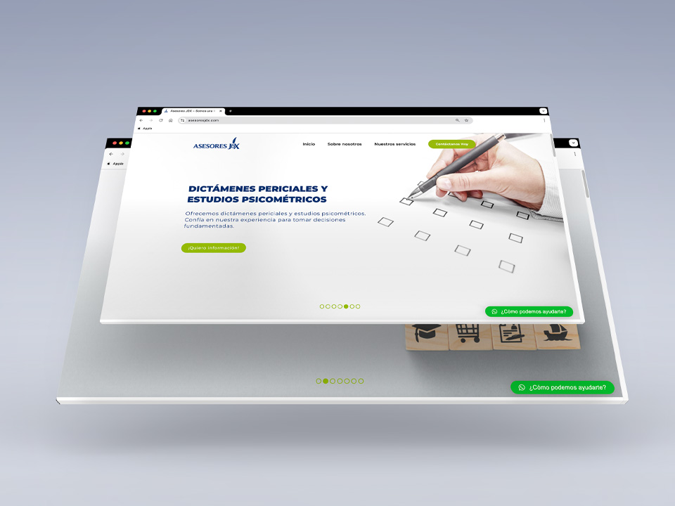 AsesoresJDX-Portafolio-Browser-1 Pantalla del sitio web de Asesores JDX del apartado de dictámenes periciales y estudios psicométricos.