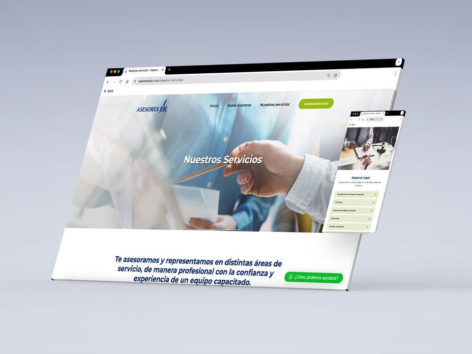 AsesoresJDX-Portafolio-Browser-2 Página web de Asesores JDX de servicios de asesoría legal mostrada en una pantalla flotante.