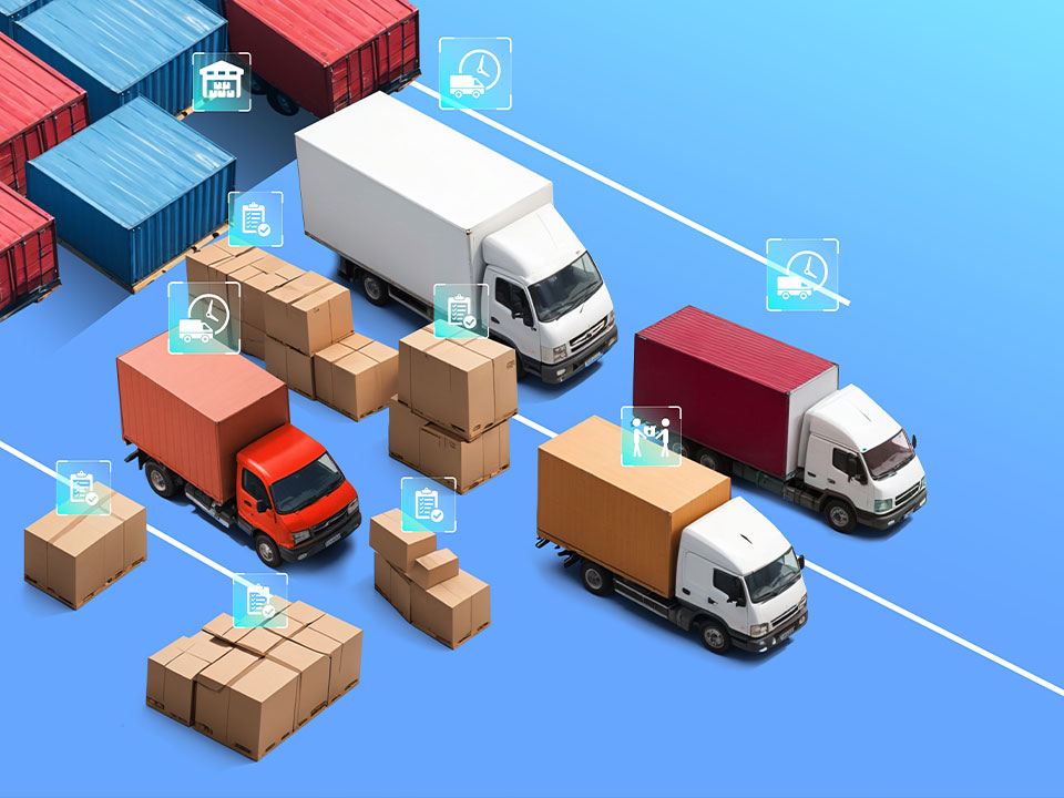 Anhanger-Portafolio-Transporte Ilustración de un sistema de logística con camiones y cajas en un almacén, con íconos digitales sobre cada camión que representan diferentes etapas del proceso de entrega.
