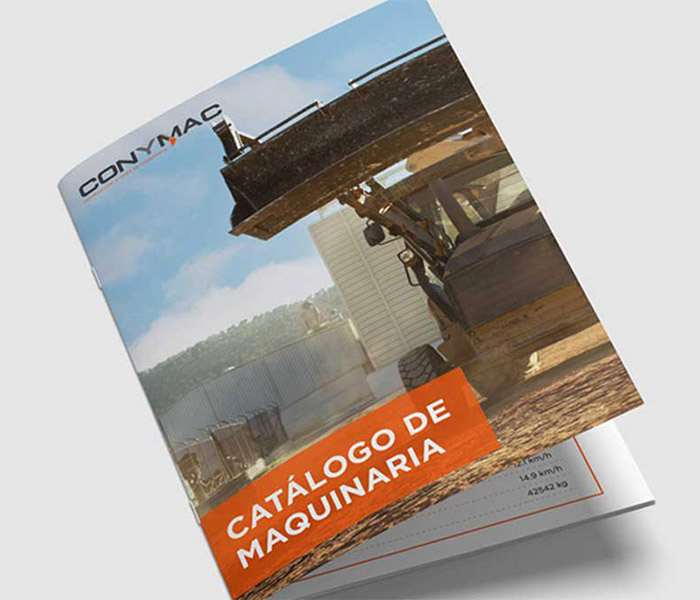 Conymac-Portafolio-Brochure Catálogo de maquinaria de CONYMAC, con una imagen de una máquina de construcción en la portada y texto en naranja.
