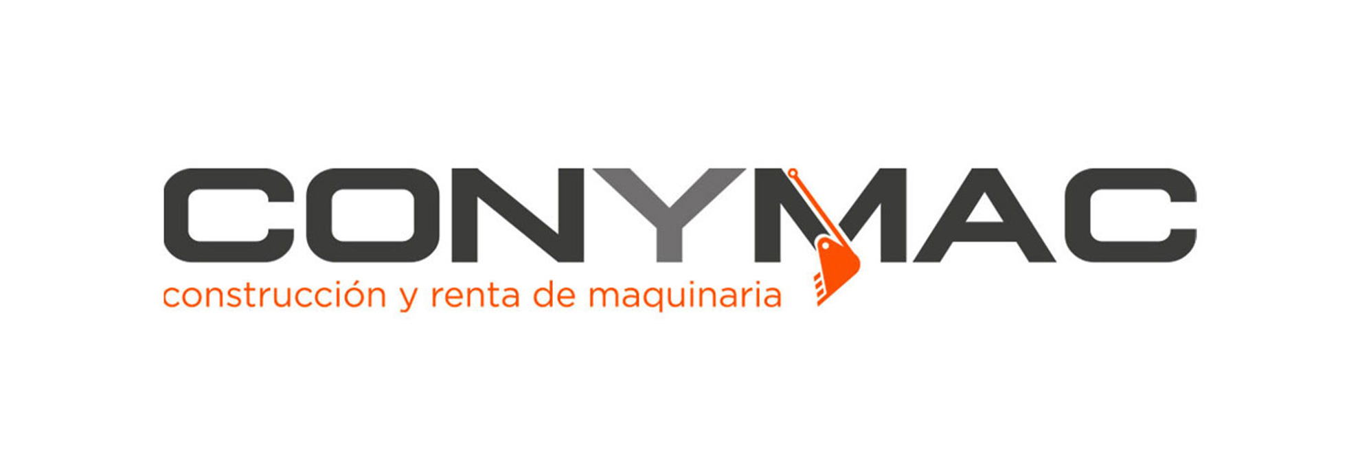 Conymac-Portafolio-Logotipo Logotipo de CONYMAC en letras grises con una imagen de una cuchilla en color naranja. El lema de la empresa está en letras naranjas: construcción y renta de maquinaria.